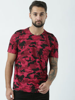 Huetrap - Mens Printed Round Neck Burgundy T-Shirt