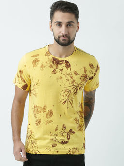 Huetrap - Mens Printed Round Neck Yellow T-Shirt