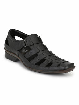 Hitz - Men's Black Leather Shoe-Style Sandals with Velcro