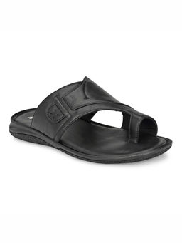 Hitz - Men's Black Leather Toe Ring Slippers