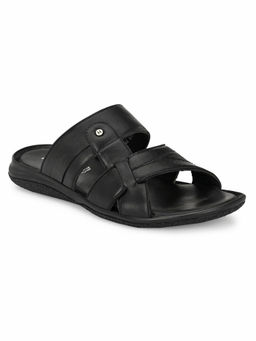 Hitz - Men's Black Leather Open Toe Slippers