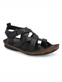 Hitz - Men's Black Leather Toe Ring Sandals with Velcro Closure