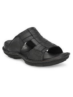 Hitz - Men's Black Leather Open Toe Comfort Slippers
