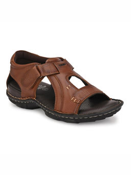 Hitz - Men's Tan Leather Open Toe Comfort Sandals with Velcro Closure