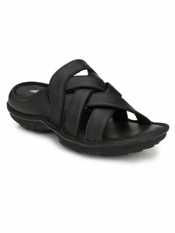Hitz - Men's Black Leather Open Toe Comfort Slippers