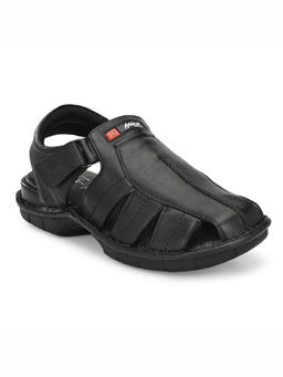 Hitz - Men's Black Leather Comfort Sandals with Velcro Closure