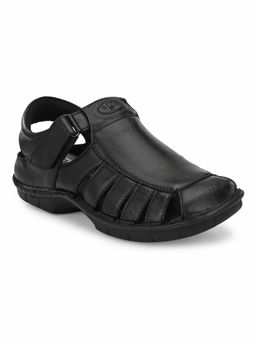 Hitz - Men's Black Leather Comfort Sandals with Velcro Closure