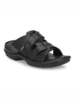Hitz - Men's Black Leather Open Toe Comfort Slippers