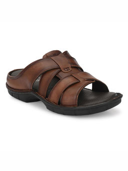 Hitz - Men's Brown Leather Open Toe Comfort Slippers