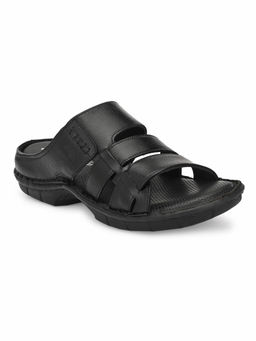 Hitz - Men's Black Leather Open Toe Comfort Slippers