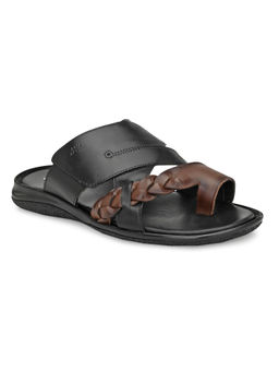 Hitz - Men's Black Leather Toe Ring Slippers