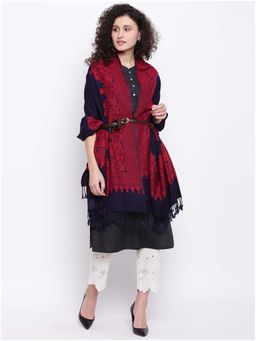 HK colours of fashion - Navy Blue & Red Woven Design Shawl