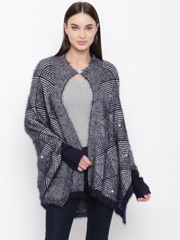 HK colours of fashion - Navy Blue Acrylic Wool Woven Poncho