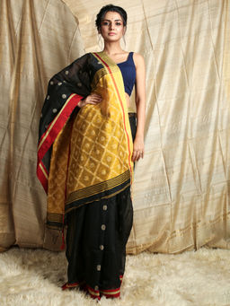 CHARUKRITI - Black Cotton Ball Buti Handloom with Ghichawork In Pallu Saree with Unstitched Blouse