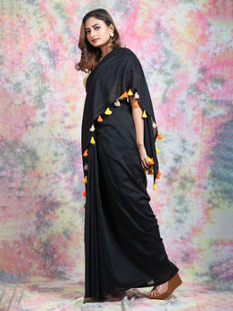 CHARUKRITI - Black Cotton Saree With Pom Pom