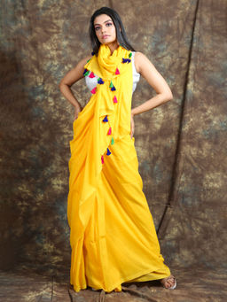 CHARUKRITI - Yellow Cotton Saree With Pom Pom
