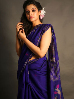 CHARUKRITI - Stripes Border Purple Handloom Saree With Floral Pallu With Unstitched Blouse