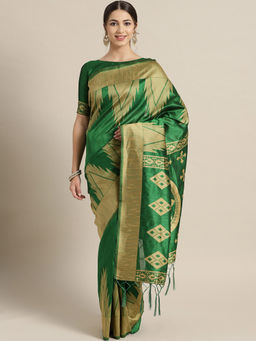 Sareemall - Green Festive Cotton Solid Saree With Unstitched Blouse
