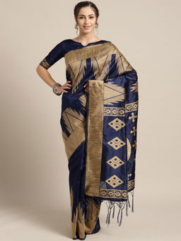 Sareemall - Navy Blue Festive Cotton Solid Saree With Unstitched Blouse