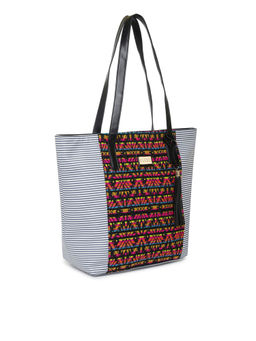 KLEIO - Black Jacquard Pu Tote Shoulder Bag With Zip Closure for Women