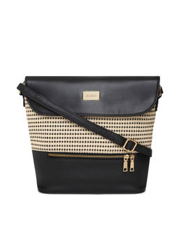 KLEIO - Black Large PU Leather Jacquard Fabric Sling Bag