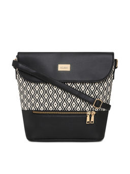 KLEIO - Black Large PU Leather Jacquard Fabric Sling Bag