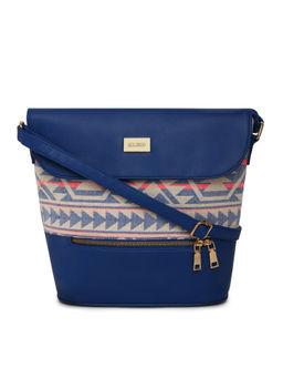 KLEIO - Navy Blue Large PU Leather Jacquard Fabric Sling Bag