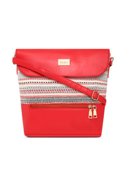 KLEIO - Red Large PU Leather Jacquard Fabric Sling Bag