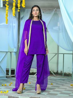 HOUSE OF JAMOTI - Cosmos Purple Short Kurta Pant With Cape (Set of 3)