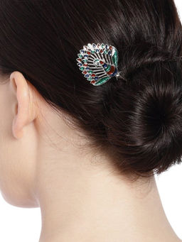 Accessher - Peacock Theme Oxidised Silver Metal Hair Sticks For Bun For Women
