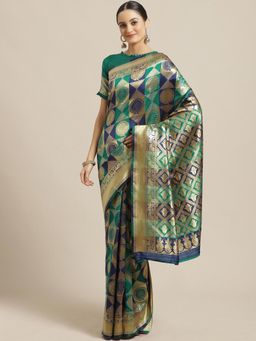 Sareemall - Navy Blue & Teal Green Silk Blend Saree With Unstitched Blouse
