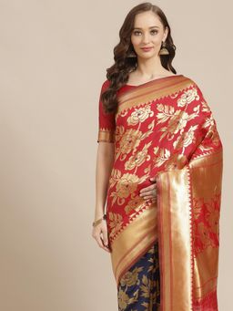 Sareemall - Red & Navy Blue Silk Blend Saree With Unstitched Blouse