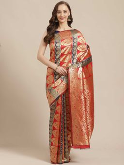 Sareemall - Red & Navy Blue Silk Blend Saree With Unstitched Blouse
