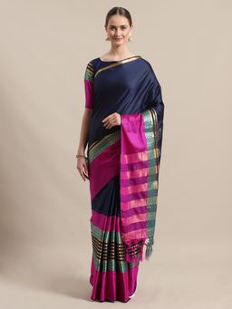 Sareemall - Navy Blue Party Silk Blend Solid Saree With Unstitched Blouse