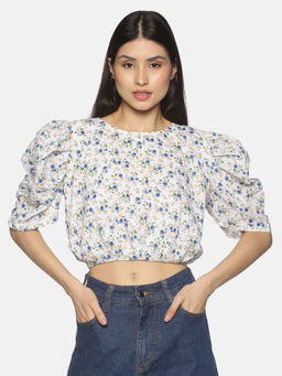 IS.U - White Floral Puff Sleeve Back Tie-up Crop Top