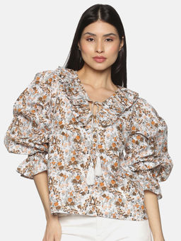 IS.U - Brown Floral Balloon Sleeve Relaxed Fit Top