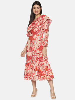 IS.U - Coral Floral Ruffled One-shoulder Midaxi Dress