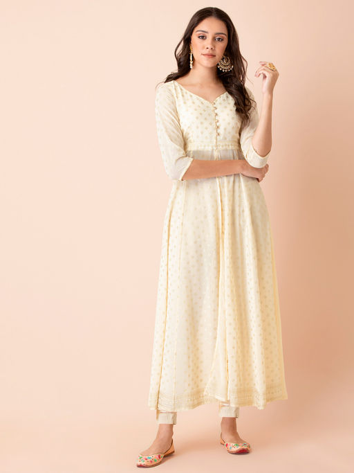 Buy Indya Ivory Foil High Slit Belted Tunic Kurti online