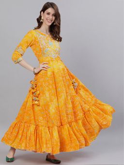 ISHIN - Women's Yellow Bandhani Embellished Anarkali Dress