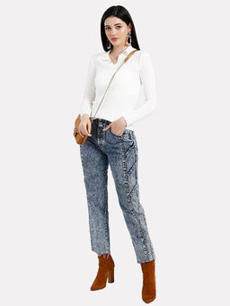 IKI CHIC - White Solid Plain Ribbed Collar Neck Jumper