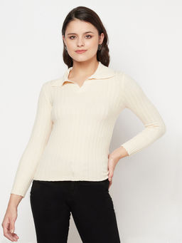 IKI CHIC - Beige Solid Plain Ribbed Collar Neck Jumper
