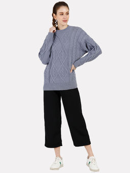 IKI CHIC - Blue Solid Plain Soft Chunky Knitted Round Neck Sweater