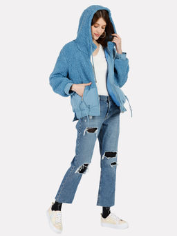 IKI CHIC - Blue Solid Plain Teddy Faux Fur Puffer Jacket
