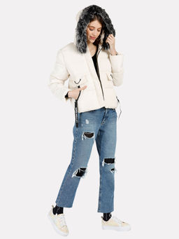 IKI CHIC - White Solid Plain Fur Hooded Puffer Jacket