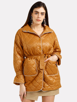 IKI CHIC - Brown Solid Plain Diamond Quilted Contrast Piping Belted Coat