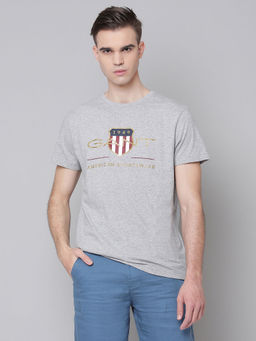 GANT - Men Grey Melange Regular Fit Round Neck T-Shirt