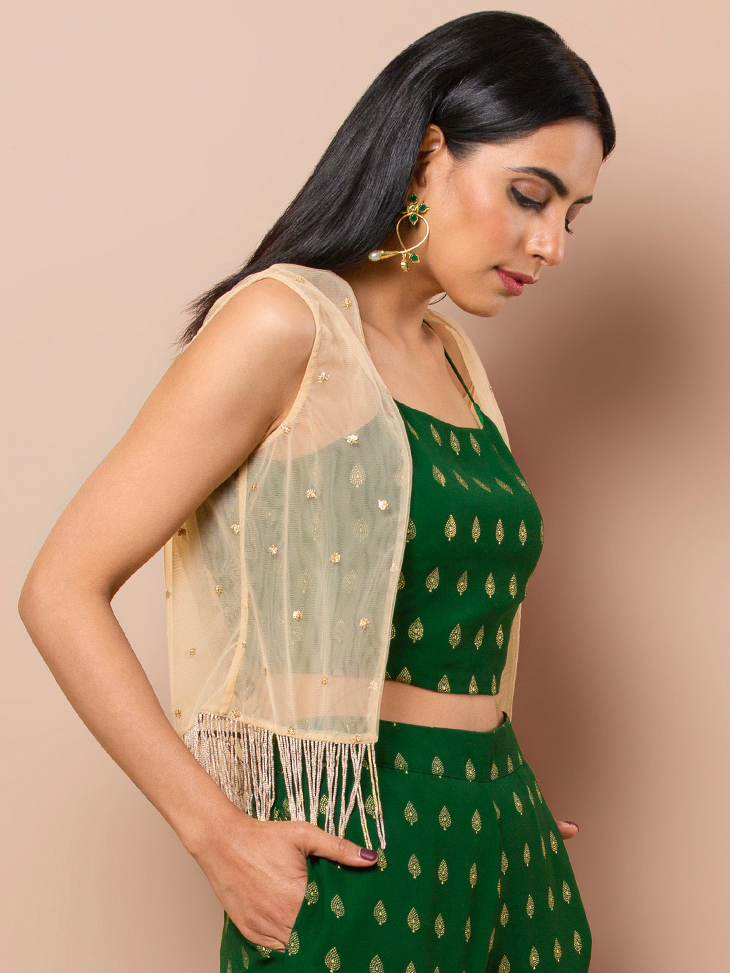 Indya Beige Sequin Mesh Fringe Short 