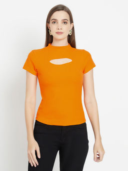 IKI CHIC - Orange Solid Orange Cut Out Knitted Short Sleeve Body Fit Top