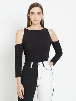 IKI CHIC - Black Solid Black Ribbed Bodyfit Top With Cold Shoulder Sleeves