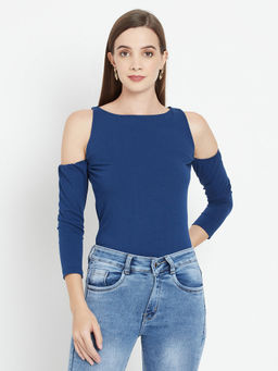 IKI CHIC - Navy Blue Solid Navy Blue Ribbed Bodyfit Top With Cold Shoulder Sleeves